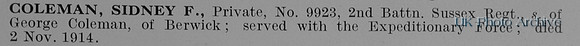 Coleman S F Pte 9923 2nd Royal Sussex Regiment