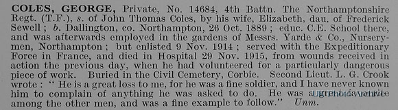 Coles G Pte 14684 4th Northamptonshire Regiment