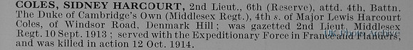 Coles S H 2nd Lt 4th Middlesex Regiment