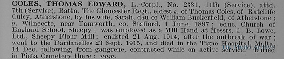 Coles T E L/Cpl 2331 11th Gloucestershire Regiment