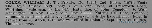 Coles W J T Pte 10497 2nd Royal Sussex Regiment