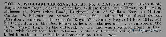 Coles W T Pte S-2181 2nd Royal Sussex Regiment