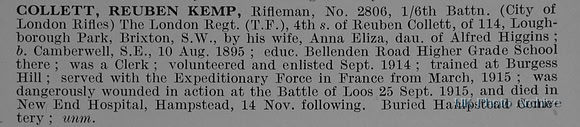 Collett R K Rfn 2806 6th London Regiment