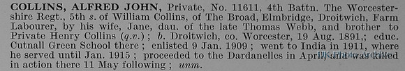 Collins A J Pte 11611 4th Worcestershire Regiment