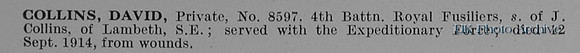 Collins D Pte 8597 4th Royal Fusiliers