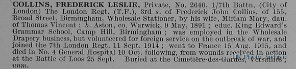 Collins F L Pte 2640 7th London Regiment