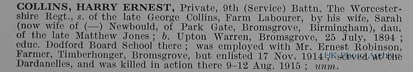 Collins H E Pte 9th Worcestershire Regiment