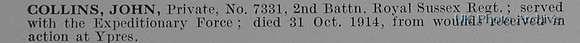 Collins J Pte 7331 2nd Royal Sussex Regiment