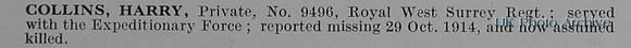 Collins H Pte 9496 Royal West Surrey Regiment