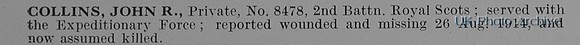 Collins J R Pte 8478 2nd Royal Scots