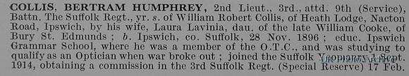 Collis B H 2nd Lt 9th Suffolk Regiment Obit Part 1