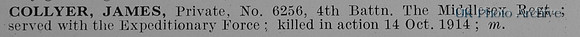 Collyer J Pte 6256 4th Middlesex Regiment