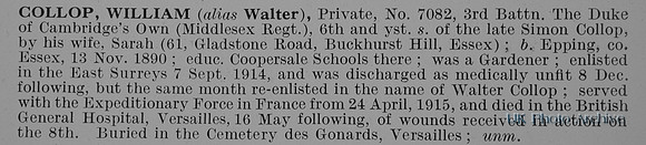 Collop W Pte 7082 3rd Middlesex Regiment