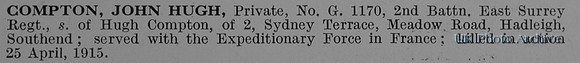 Compton J H Pte G1170 2nd East Surrey Regiment
