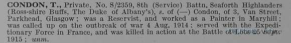 Condon T Pte S-2359 8th Seaforth Highlanders