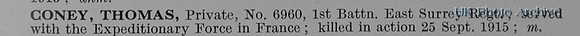 Coney T Pte 6960 1st East Surrey Regiment