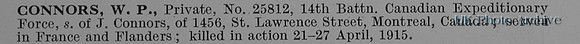 Connors W P Pte 25812 14th Canadian Expeditionary Force