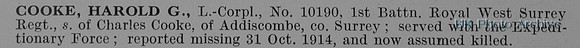 Cooke H G LCpl 10190 1st Royal West Surrey Regiment