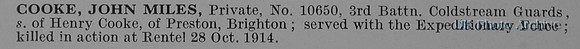 Cooke J M Pte 10650 3rd Coldstream Guards