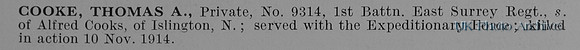 Cooke T A Pte 9314 1st East Surrey Regiment