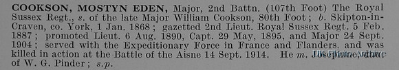 Cookson M E Major 2nd Royal Sussex Regiment