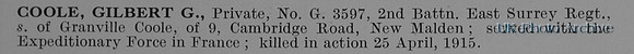 Coole G G Pte G3597 2nd East Surrey Regiment