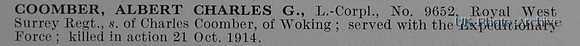 Coomber A C G LCpl 9652 Royal West Surrey Regiment