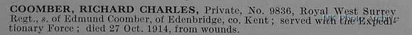 Coomber R C Pte 9836 Royal West Surrey Regiment