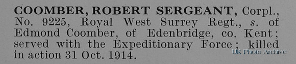 Coomber R S Cpl 9225 Royal West Surrey Regiment