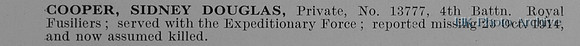 Cooper S D Pte 13777 4th Royal Fusiliers