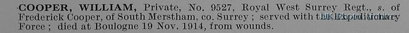Cooper W Pte 9527 Royal West Surrey Regiment