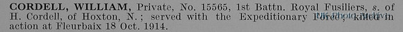 Cordell W Pte 15565 1st Royal Fusiliers