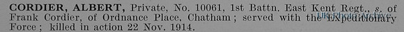 Cordier A Pte 10061 1st East Kent Regiment