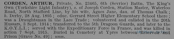 Corden A Pte 23465 6th Kings Own Yorkshire Light Infantry