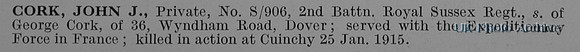 Cork J J Pte S-906 2nd Royal Sussex Regiment
