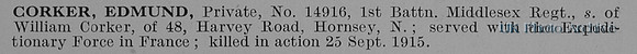 Corker E Pte 14916 1st Middlesex Regiment