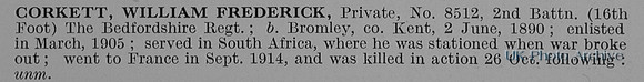 Corkett W F Pte 8512 2nd Bedfordshire Regiment