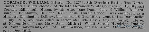 Cormack W Pte 12753 8th Northumberland Fusiliers
