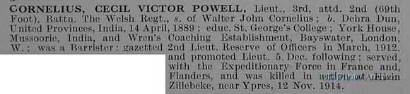 Cornelius C V P Lt 2nd Welsh Regiment