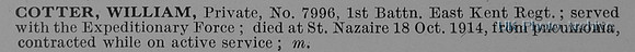 Cotter W Pte 7996 1st East Kent Regiment