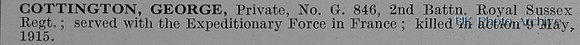 Cottington G Pte G846 2nd Royal Sussex Regiment