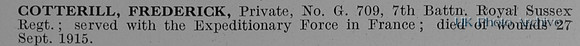 Cotterill F Pte G709 7th Royal Sussex Regiment