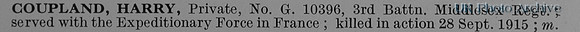 Coupland H Pte G10396 3rd Middlesex Regiment
