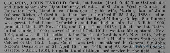 Courtis J H Captain 1st Oxford And Bucks Light Infantry