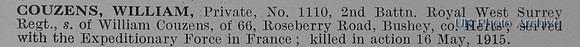 Couzens W Pte 1110 2nd Royal West Surrey Regiment