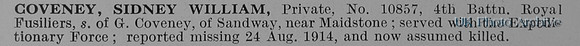 Coveney S W Pte 10857 4th Royal Fusiliers
