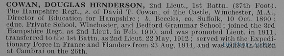 Cowan D H 2nd Lt 1st Hampshire Regiment