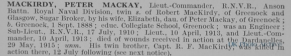 MacKirdy P M Lt Comm Anson Btn RND Royal Naval Volunteer Reserve Obit