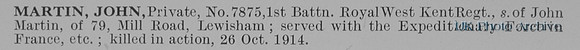 Martin J Pte 7875 1st Royal West Kent Regiment Obit
