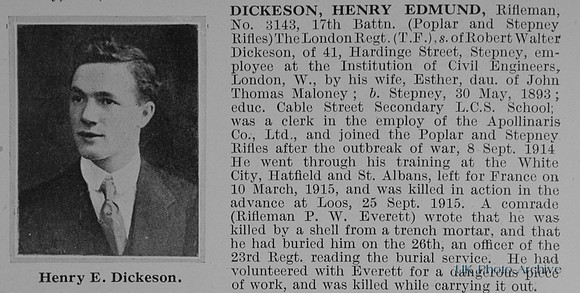 Dickeson H E Rfn 3143 17th London Regiment Obit